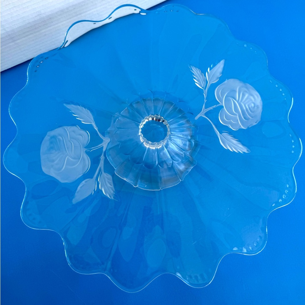 Vintage Clear Glass Cake Plate on Pedestal Scalloped Edge Embossed Frosted Roses